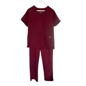FIGS Scrub Set Womens Medium Burgundy V-Neck Top Pants FW1100 T21004 Kade
